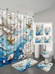 1/4pcs 3D Wave & Starfish Shower Curtain Set, Bathroom Curtains With Carpet, Shell & Pearl Decor, Bathroom Set Includes Shower Curtain And Rug, White Floral Shower Curtain For Toilet Lid - A - View 3