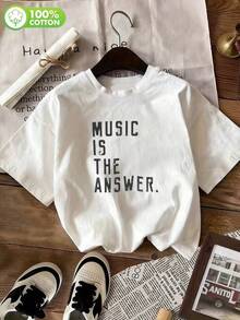 Casual Cute White Graphic Tee For Women, 'MUSIC IS THE ANSWER' Print Short Sleeve Drop Shoulder Round Neck T-Shirt, Stylish Knitted Top With,Autumn - White - View 3