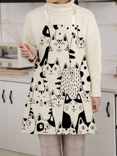 1pc Cartoon Cat Print Single-Sided Apron, Unisex Home Kitchen Neck-Tie Apron, Home Decor Cooking Protective Apron