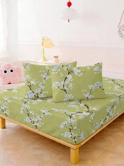 2/3 piezas Juego de sábanas ajustadas suaves - Juego de sábanas con estampado floral 1/2 fundas de almohada y 1 falda de cama (30 cm/12 in de profundidad) - Cubierta de colchón o juego de ropa de cama moderna que se ajusta a todas las camas, individual, doble, queen, king