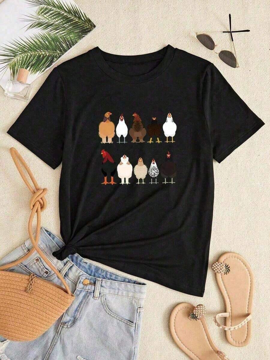 T-Shirt With Rooster Print And Round Neck - Black - View 1