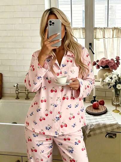 Nina Bonheur 2pcs Women Lapel Long Sleeve Top + Elastic Waist Pants Pajama Sleepwear Set