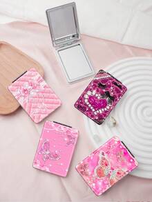 1pc Millennium Y2K Luxury Portable Vanity Mirror, Foldable Lightweight Compact Handheld Mirror, Durable PU Leather, Suitable For Multiple Scenes, Cartoon Ins Style Rhinestone Heart, Leopard, Bow, Ditsy Floral Design, Exquisite Folding Structure, Reliable And Shockproof, Convenient To Carry - Multicolor - View 2