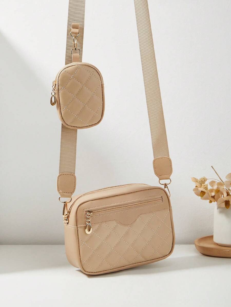 1pc Girls' Mini Diamond Pattern Embroidered Crossbody Bag, Phone Pouch & Coin Purse - Khaki - View 1