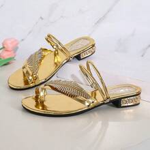 1 Pair Party PU Leather Rhinestone Feather Design Sandals/Slippers, Dual-Wear Outdoor Party Shoes - Gold - View 7