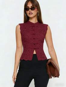 Womens Lace Tank Tops Trendy Sleeveless Band Collar Solid Color Tops Slim Fit Button Down Shirts - Rojo violeta - Ver 3