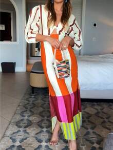 Spring And Summer New Printed Linen Dress INS Casual Vacation Loose Dress - 條紋印花 - 查看 7