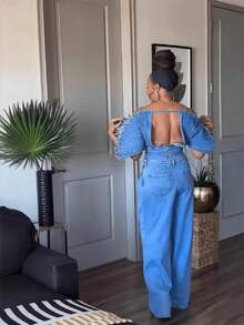 Denim Set With Fan Design And Off-The-Shoulder Style, Best Seller - Jacket + Pants (Suit) - View 3
