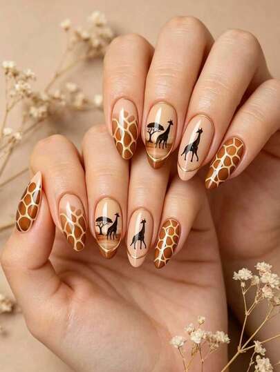 24pcs Almond-Shaped Yellow-Brown Cartoon Desert Giraffe Reusable Nail Stickers, Convenient For Daily, Party, Vacation, Travel Nail Art Decoration