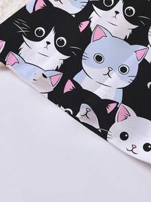 2pcs/Set Toddler Girls Pajama Set, Black Cute Kitten Print Round Neck Casual Short Sleeve Top + Elastic Loose Shorts, Summer Thin Fabric, Soft Comfortable Breathable, Suitable For Holiday Party Vacation, Soft Breathable Casual All-Season Loungewear - Black - View 6