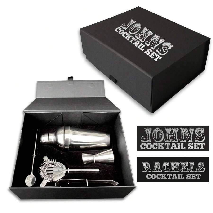 Silver Name Barware Personalized Cocktail Kit, Mini Bar Black Box Gift Set. - View 1