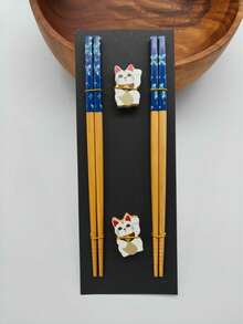 2 Pairs Japanese Natural Bamboo Chopsticks With 2 Bamboo Chopstick Rests Set, Japanese Print Bamboo Chopsticks And Natural Wooden Chopstick Holder - Multicolor - View 9