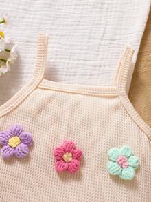 Pelele de verano para niñas, de tela de gofre, suave y amigable con la piel, con decoración floral 3D, mono sin mangas apto para bebés de 0 a 2 años - Albaricoque - Ver 4