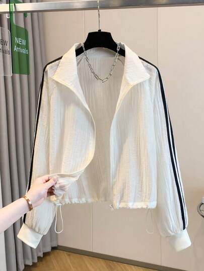 Women's Lightweight Summer Sheer Jacket, Minimalist Solid Color, Zipper Stand Collar, Ribbed Cuffs, Suitable For Daily Outings, Sports & Fitness, Minimalist Cover Up White