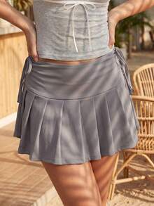 Women Athletic Pleated Skirt Side Ruched Drawstring Low Rise A-line Mini Skirts for Daily Sports Game Day - Gris - Ver 4