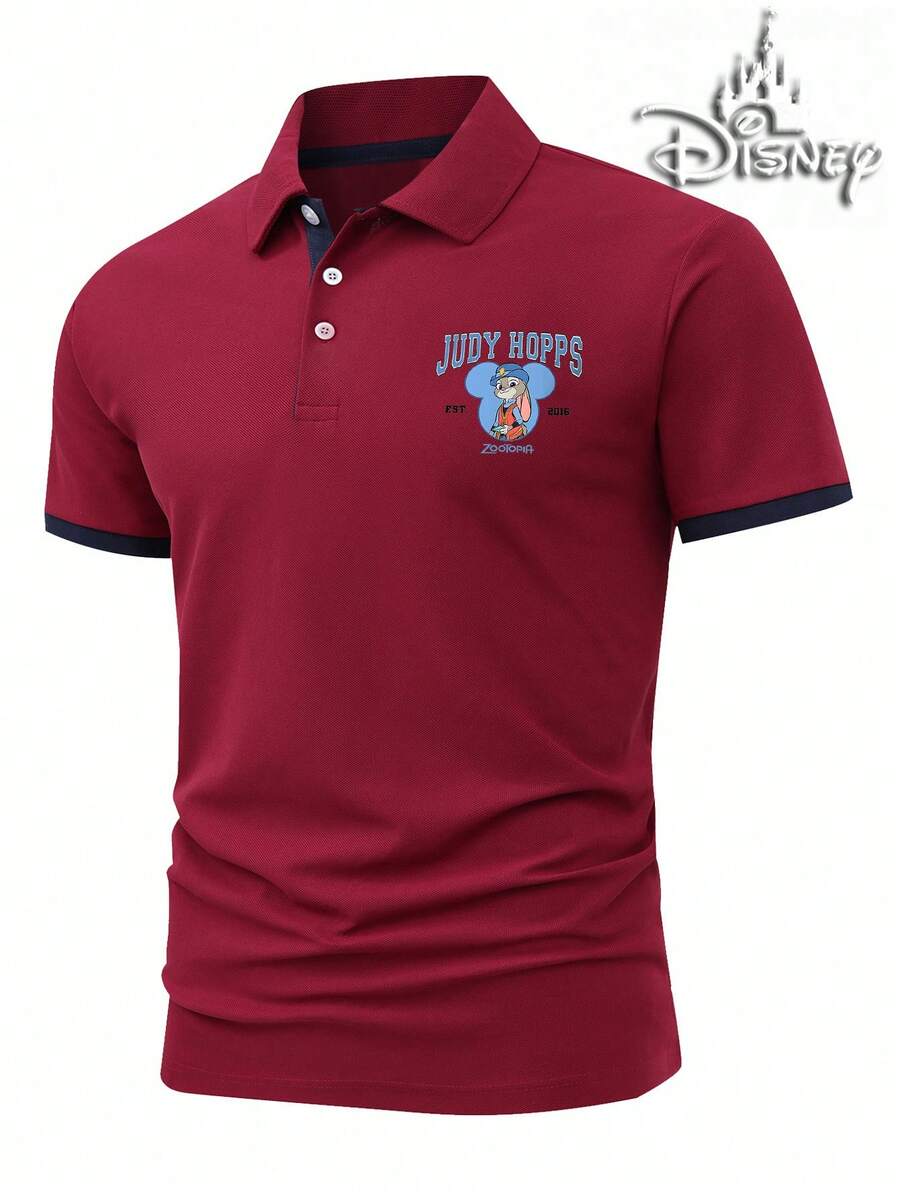 The Disney Men's 210g Polo Shirt Is A Short-Sleeve Summer Style Featuring A Zootopia Judy Print. It Combines Business Casual Elements With Both A Stand Collar And A Turn-Down Collar Design, Making It Suitable For Everyday Wear And Golfing. - Màu Đỏ Sâu - Xem 1