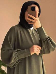 女款優雅阿拉伯風純色休閒端莊寬鬆圓領燈籠袖長褲套裝，Abaya 套裝 - 綠色 - 查看 3