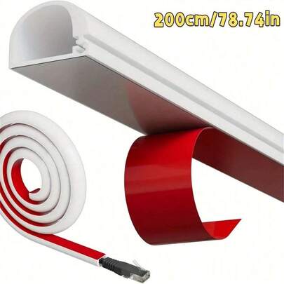 1pc 2m/78.74in Self-Adhesive Invisible Cable Tray, With Surface Mounted Self-Adhesive Anti-Stepping Artificial Products, Hidden Home Decor Installation. Wired Network Cable Shielded Flexible Tray, Extended Flexible Cable Protector, Allows Wall-Mounted Hidden Wiring, Cable Tray Management Hidden Channel, And Cable Organizer