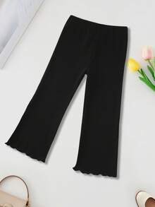 Girls' Ribbed Wide Leg Pants, Elastic Frill Trim Casual Straight Leg Trousers, Korean Soft Style Children Pants - Black - View 2