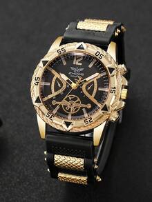 1pc Men's Silicone Watch, Classic Fashion Three-Eye Digital Scale Dial, Stylish Sporty Quartz Wristwatch (1pc/Set), Watch Box Not Included - Black - View 4