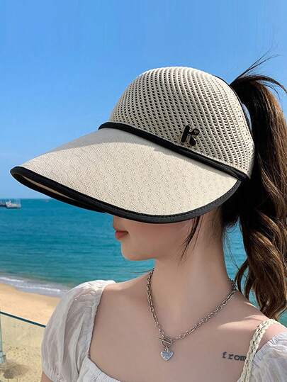 Mũ chống nắng mùa hè mới cho nữ, mũ rơm có chóp rỗng, mũ rộng vành có thể gập lại, mũ thoáng khí bằng sợi polyester, thích hợp cho hoạt động ngoài trời, mùa xuân và mùa hè.