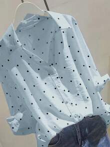 女士七分袖波点纽扣衬衫，翻领系带袖口设计，百搭休闲商务通勤居家穿着，春夏秋季皆宜 - 藍色 - 查看 1
