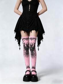 1 đôi tất cao đến đùi in hình xăm quỷ Gothic, phong cách văn hóa ngầm đen tối và ngọt ngào, tất ôm sát qua đầu gối, trang phục cá tính, phù hợp cho mặc hàng ngày và Halloween. - Nhiều màu - Xem 4