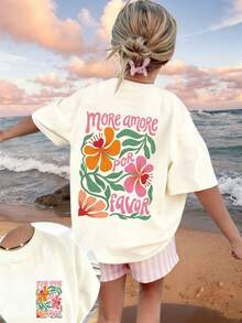 Tween Girls' Casual Funny Print Crew Neck Short Sleeve T-Shirt, Summer Top - Apricot - View 1