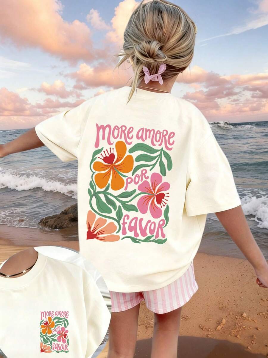 Tween Girls' Casual Funny Print Crew Neck Short Sleeve T-Shirt, Summer Top - Apricot - View 1