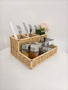 Multi-Function Rattan-Woven Divided Storage Basket, Kitchen Utensil Cutlery Holder, Condiment Jar Organizer Box, Suitable For Home, Restaurant, Bar, Picnic - High and Low Style - Divided Blue - View 2