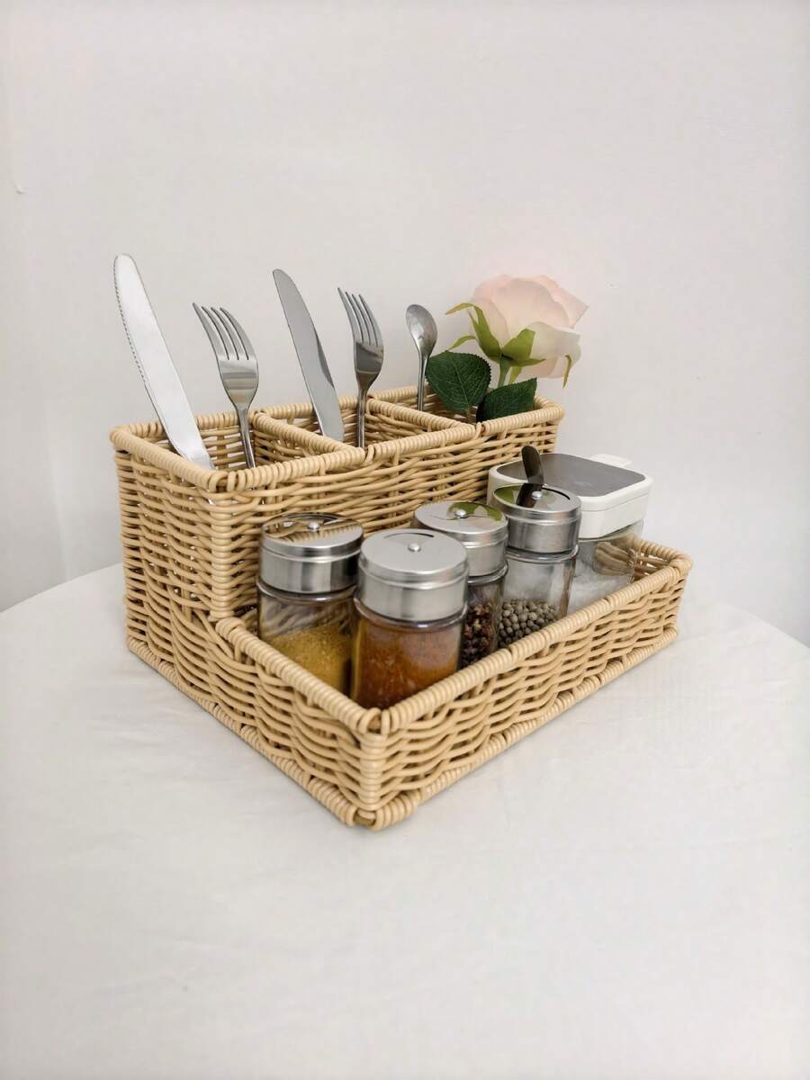 Multi-Function Rattan-Woven Divided Storage Basket, Kitchen Utensil Cutlery Holder, Condiment Jar Organizer Box, Suitable For Home, Restaurant, Bar, Picnic