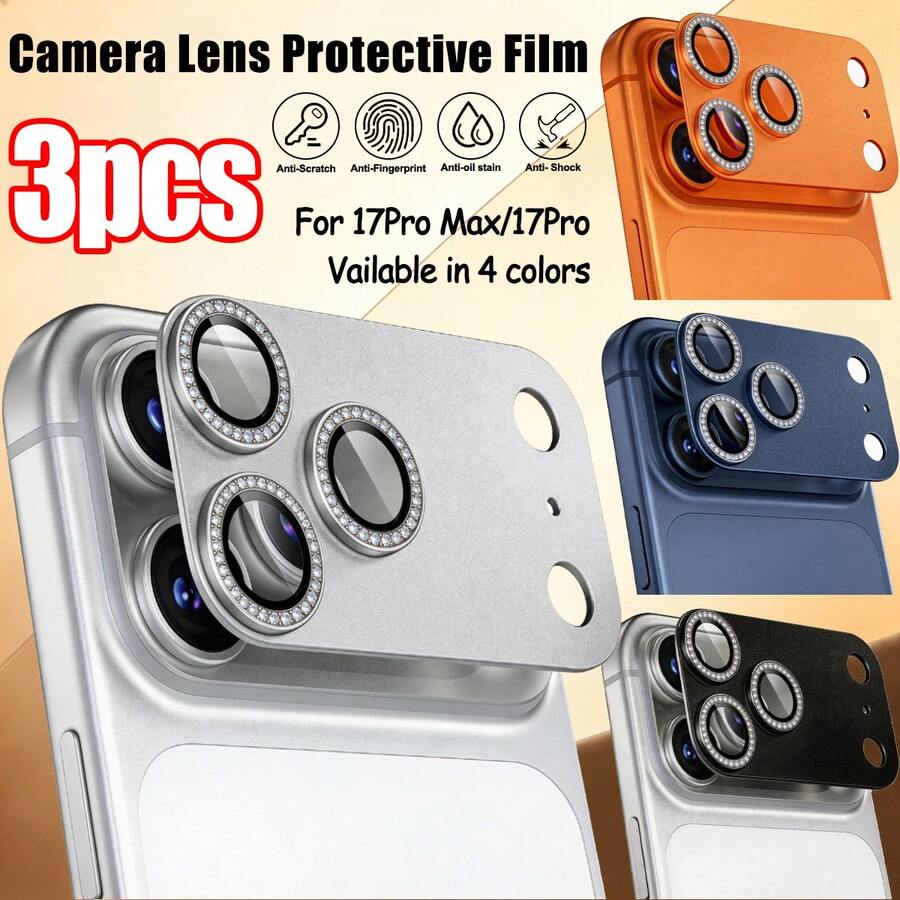 CASECOPS 3pcs Metal Rhinestone Camera Lens Protector Ring For IPhone 17 Pro Max And 17 Pro, Available In Orange/Silver/Black/Blue, Made Of High-Quality 9H Hardness Tempered Glass With AR+AF Coating, Matte Metal Rhinestone Design, Anti-Oil And Scratch-Resistant