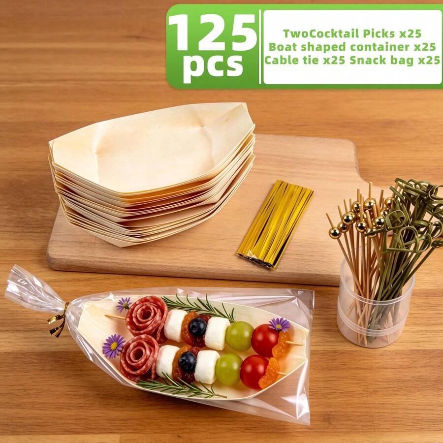 125件套一次性木船形餐盘套装,天然木质托盘,配有零食袋、扎带和食物签,适用于派对、婚礼、生日、野餐、餐饮等场合的开胃菜拼盘。 - 杏色 - 查看 1
