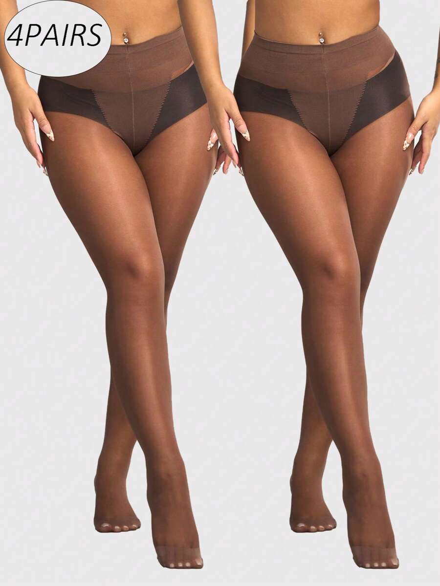 4 Pairs Women's Sexy 30D Transparent Black & Coffee Color Pantyhose, Fashionable Minimalist Tights, Comfortable - Multicolor - View 1