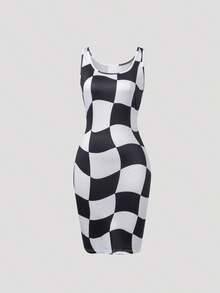 Vestido Midi Ajustado sin Mangas con Cuello Redondo y Estampado a Cuadros para Mujer, Estilo Sexy y Casual, Ideal para Primavera/Verano, Salidas Nocturnas y Clubes, Vestido Elástico - múltiple - Ver 1