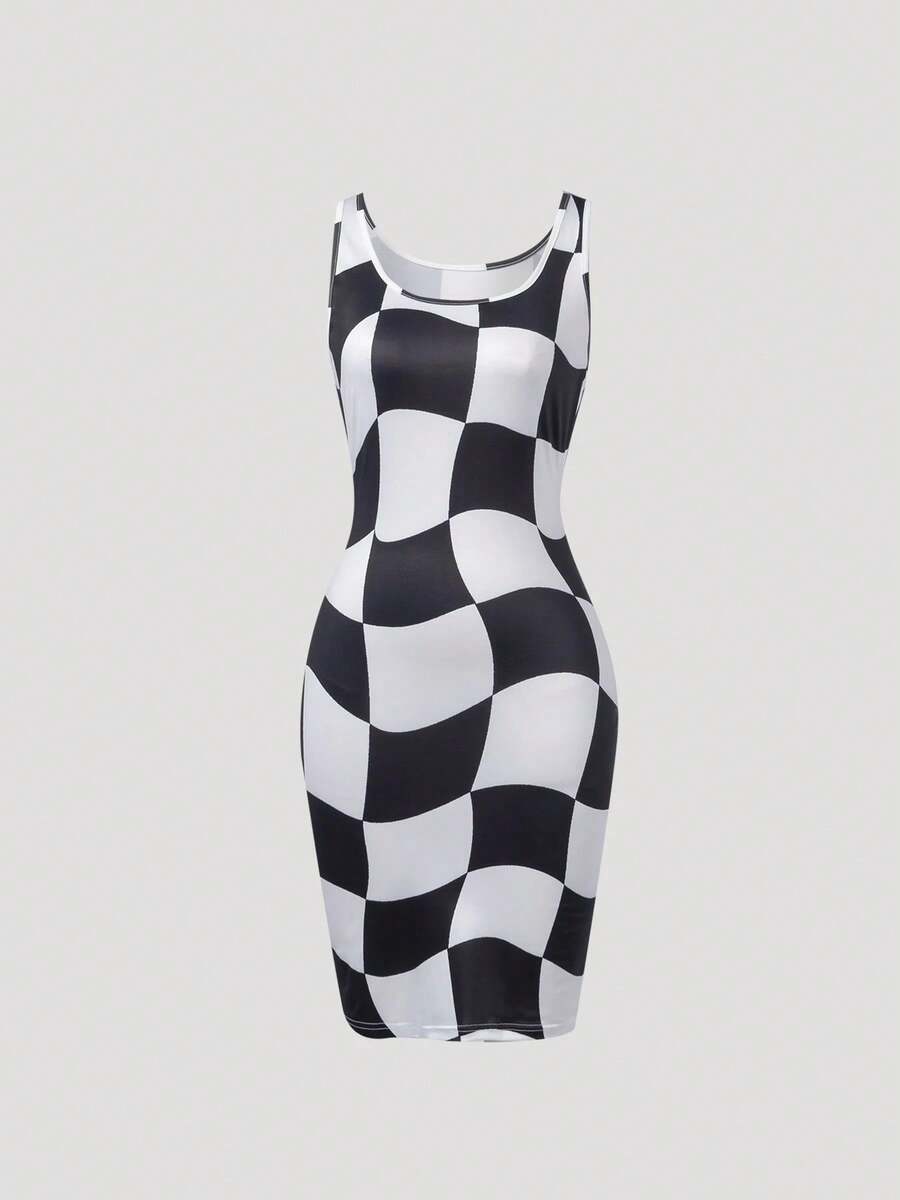 Vestido Midi Ajustado sin Mangas con Cuello Redondo y Estampado a Cuadros para Mujer, Estilo Sexy y Casual, Ideal para Primavera/Verano, Salidas Nocturnas y Clubes, Vestido Elástico - múltiple - Ver 1