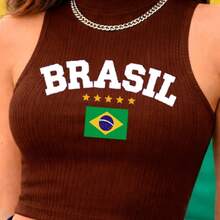 Cropped High Neck Ribbed Tank Top Sizes P To G3 With "BRAZIL" Written On It Summer Fashion Women's Blouse - Brown Brazil With White Lettering - View 2