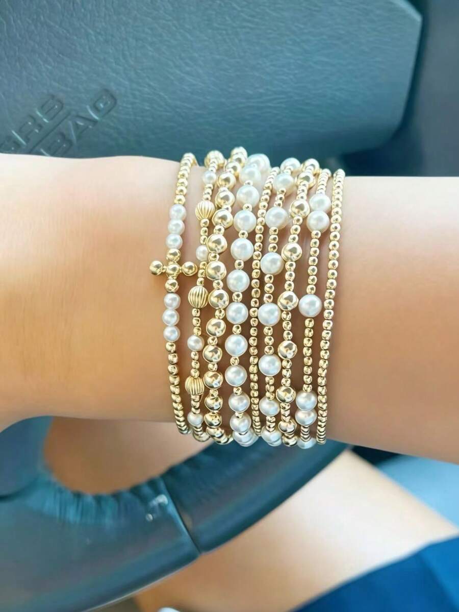 Bộ 9 vòng tay hình thánh giá đính hạt CCB phong cách Bohemian với ngọc trai giả, thích hợp cho nữ đeo hàng ngày, hẹn hò, dự tiệc, đi nghỉ mát, làm quà tặng ngày lễ. - Nhiều màu - Xem 1