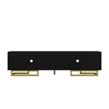 TV Unit, Low Sideboard With Textured Doors, TV Unit, Gold Handles And Legs. - Black - View 10