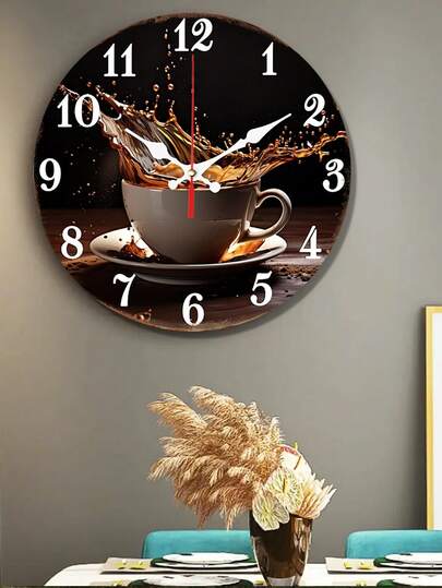 1 pieza Reloj de pared de madera moderno y elegante de 10 pulgadas/12 pulgadas con taza de café salpicada, para sala de estar, dormitorio, cocina, decoración del hogar, reloj de cuarzo silencioso, regalo para fiestas (sin baterías)