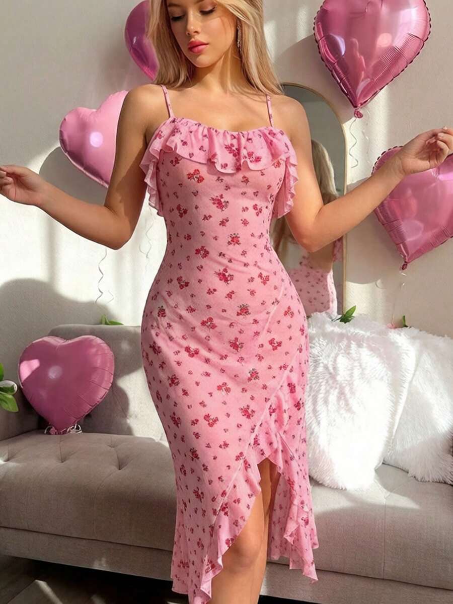 SOFUSEN Princess Style Ruffle Strap Nightgown, Sexy Sheer High Slit Mesh Dress, Sexy Lingerie - Pink - View 1
