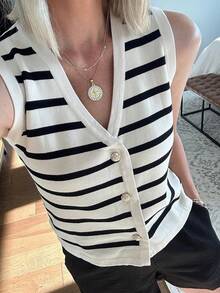 Áo tank top không tay kẻ sọc dành cho nữ, thích hợp cho mùa hè. - Đen và trắng - Xem 9