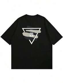 -Men's Short-Sleeved Round-Neck T-Shirt With Geometric Print, Summer - Black - View 4