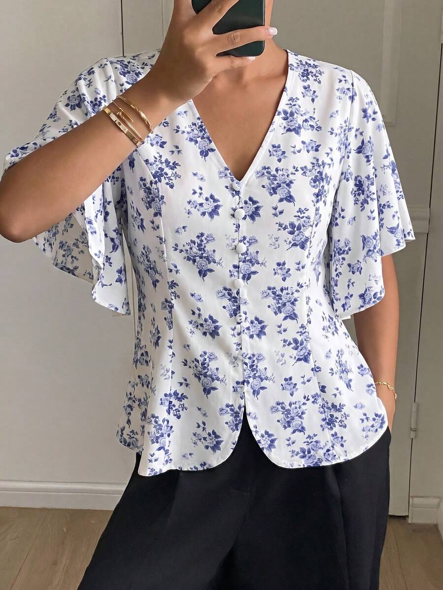Women's Printed V-Neck Short Sleeve Regular Fabric Top - Blue and White - View 1