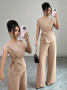 Women'S Elegant Commuting Casual Round Neck Blue Drop Shoulder Sleeves Adjustable Waist Bow Tie Design Shirt + Women'S Elegant Commuting Casual High Waist Pocket Design Loose Wide Leg Pants Blue Teal - 卡其色 - 查看 1