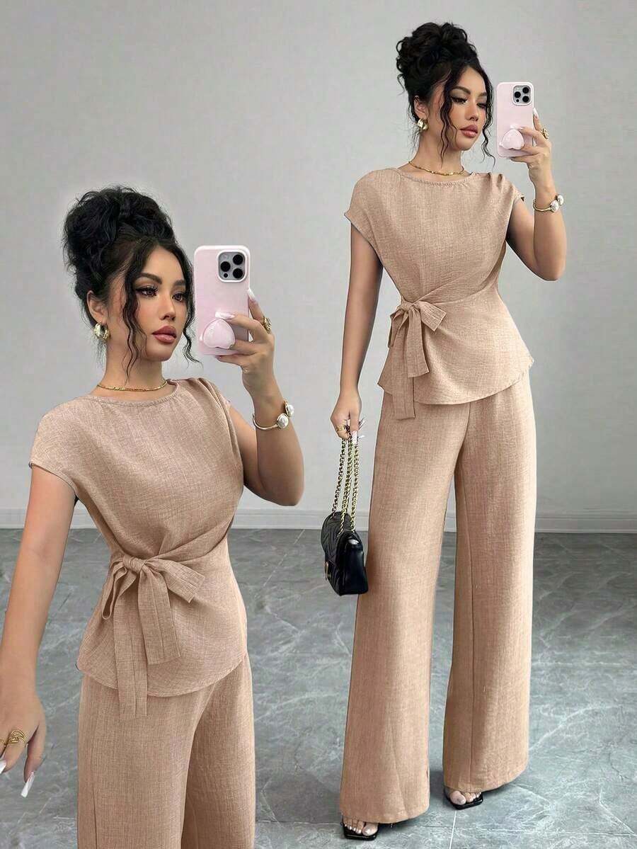 Women'S Elegant Commuting Casual Round Neck Blue Drop Shoulder Sleeves Adjustable Waist Bow Tie Design Shirt + Women'S Elegant Commuting Casual High Waist Pocket Design Loose Wide Leg Pants Blue Teal - 卡其色 - 查看 1