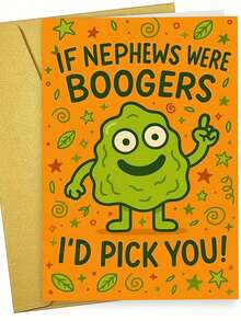 1pc, Playful "Booger Nephew" Birthday Greeting Card. Includes Envelope, Smooth Matte Paper. Cute Cartoon Booger & Bold Quote Design. Perfect For Nephew's Birthday – The Ideal Relatable Humor Card (12cm/4.7in X 17cm/6.7in) - Brown Envelope - View 1