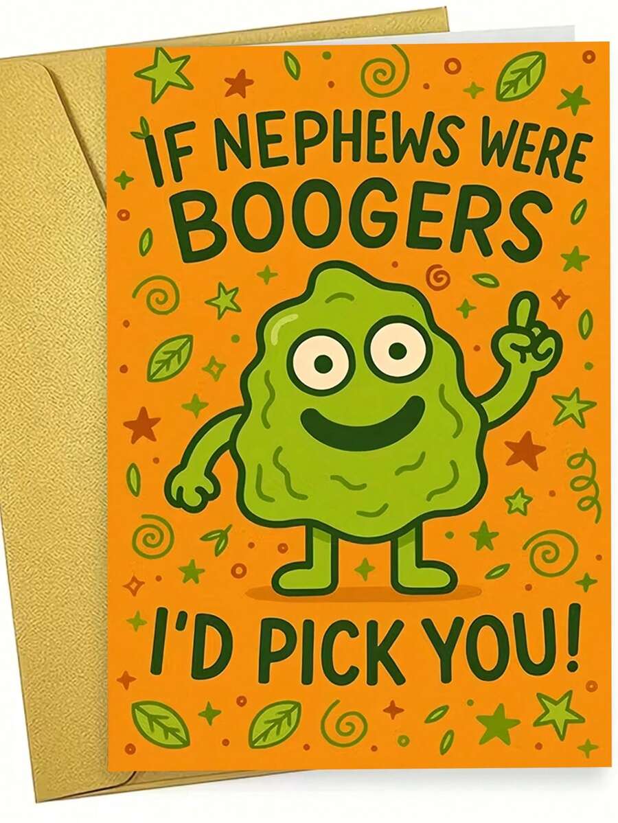 1pc, Playful "Booger Nephew" Birthday Greeting Card. Includes Envelope, Smooth Matte Paper. Cute Cartoon Booger & Bold Quote Design. Perfect For Nephew's Birthday – The Ideal Relatable Humor Card (12cm/4.7in X 17cm/6.7in) - Brown Envelope - View 1