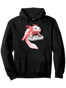 Sudadera con Capucha de Videojuegos Axolotl para Hombre y Mujer - Diseño de Salamandra Mexicana con Controlador, Mezcla de Algodón Suave, Bolsillo Canguro y Ligera Elasticidad, Sudadera Casual para Gamers para Días de Juego y Uso Diario (Negro) - Negro - Ver 1