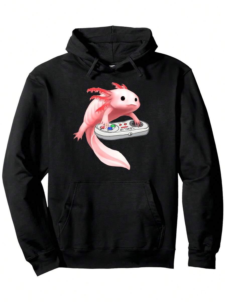 Sudadera con Capucha de Videojuegos Axolotl para Hombre y Mujer - Diseño de Salamandra Mexicana con Controlador, Mezcla de Algodón Suave, Bolsillo Canguro y Ligera Elasticidad, Sudadera Casual para Gamers para Días de Juego y Uso Diario (Negro) - Negro - Ver 1